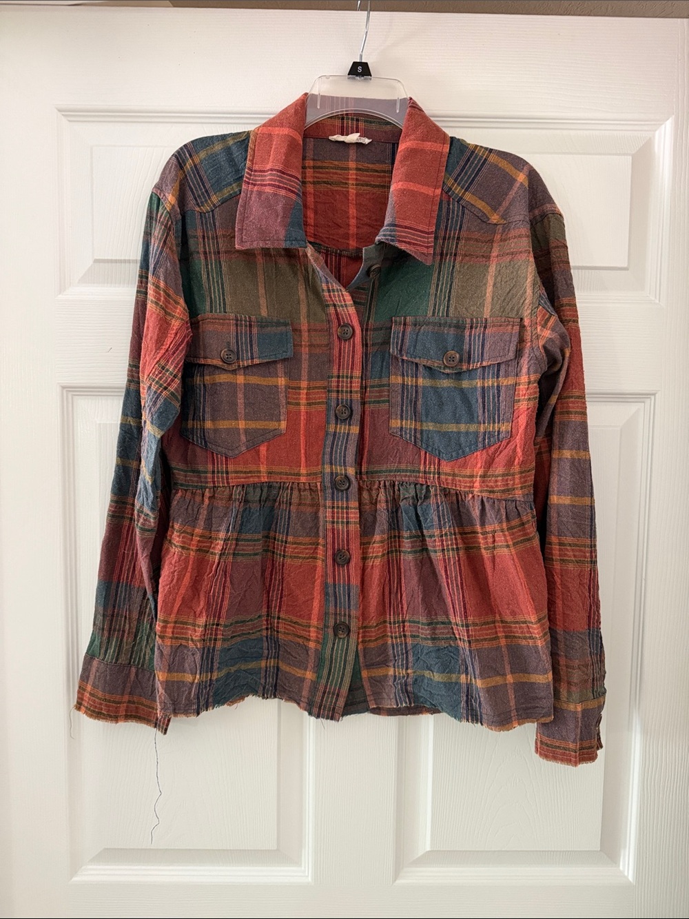 Mystree Plaid Button-Front Peplum Shirt - Rust, Green, Blue